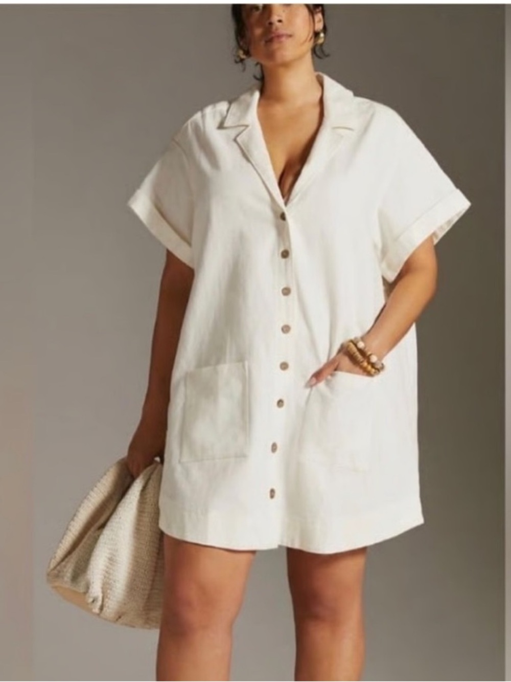 Anthropologie Pilcro White Linen Blend Button Down Shirt Dress | Size Small